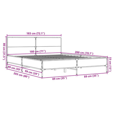 vidaXL Bettgestell Grau Sonoma 180x200 cm Holzwerkstoff und Metall