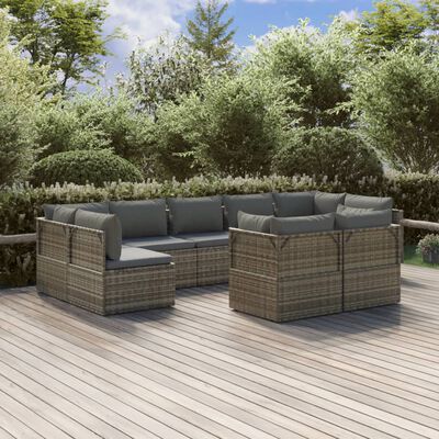 vidaXL 9-tlg. Garten-Lounge-Set mit Kissen Grau Poly Rattan