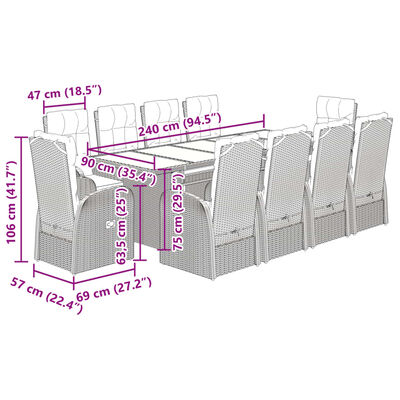 vidaXL 9-tlg. Garten-Essgruppe mit Kissen Schwarz Poly Rattan