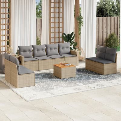 vidaXL 9-tlg. Garten-Sofagarnitur mit Kissen Beige Poly Rattan