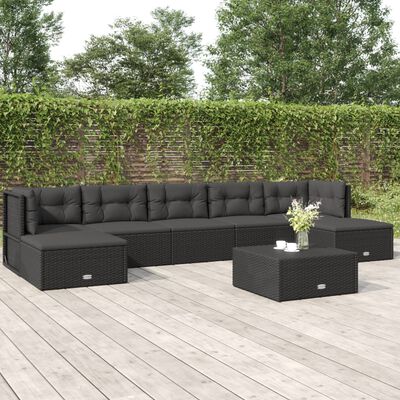 vidaXL 7-tlg. Garten-Lounge-Set mit Kissen Schwarz Poly Rattan