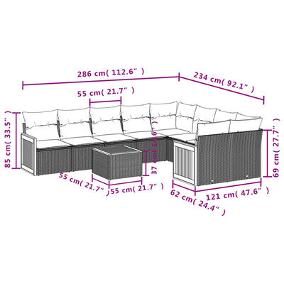 vidaXL 10-tlg. Garten-Sofagarnitur mit Kissen Schwarz Poly Rattan