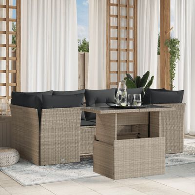 vidaXL 7-tlg. Garten-Sofagarnitur mit Kissen Hellgrau Poly Rattan