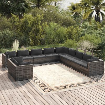 vidaXL 11-tlg. Garten-Lounge-Set mit Kissen Grau Poly Rattan