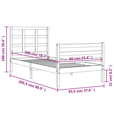 vidaXL Massivholzbett mit Kopfteil Weiß 90x200 cm