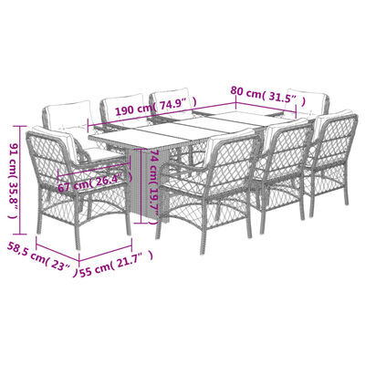 vidaXL 9-tlg. Garten-Essgruppe mit Kissen Beigemischung Poly Rattan