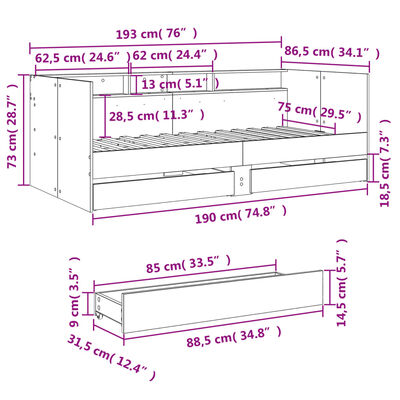 vidaXL Tagesbett mit Schubladen ohne Matratze Schwarz 75x190 cm