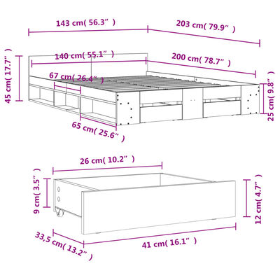 vidaXL Bettgestell mit Schubladen Räuchereiche 140x200cm Holzwerkstoff