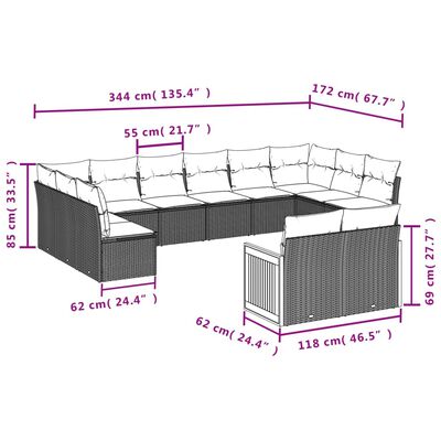 vidaXL 12-tlg. Garten-Sofagarnitur mit Kissen Schwarz Poly Rattan