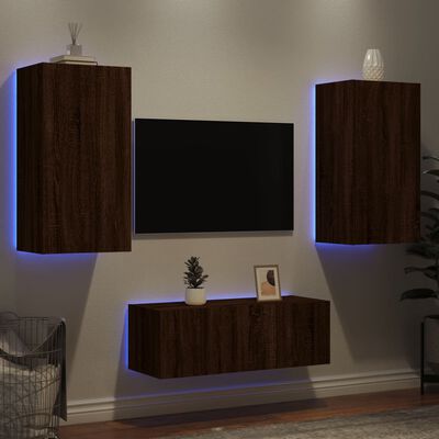 vidaXL 4-tlg. Wohnwand mit LED-Beleuchtung Braun Eiche Holzwerkstoff