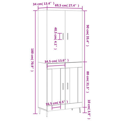 vidaXL Highboard Braun Eichen-Optik 69,5x34x180 cm Holzwerkstoff