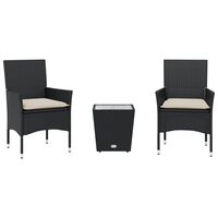 vidaXL 3-tlg. Bistro-Set mit Kissen Schwarz Poly Rattan und Glas