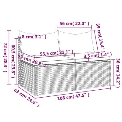 vidaXL Garten-Mittelsofas mit Kissen 2 Stk. Grau Poly Rattan