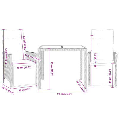 vidaXL 3-tlg. Garten-Bistro-Set mit Kissen Braun Poly Rattan