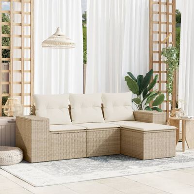 vidaXL 4-tlg. Garten-Sofagarnitur mit Kissen Beige Poly Rattan