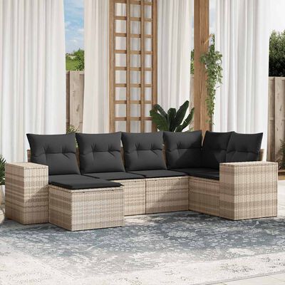 vidaXL 6-tlg. Garten-Sofagarnitur mit Kissen Hellgrau Poly Rattan