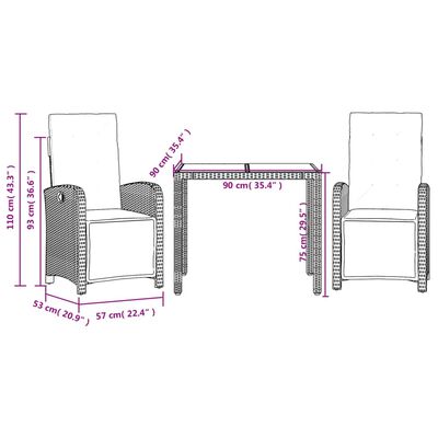 vidaXL 3-tlg. Bistro-Set mit Kissen Schwarz Poly Rattan