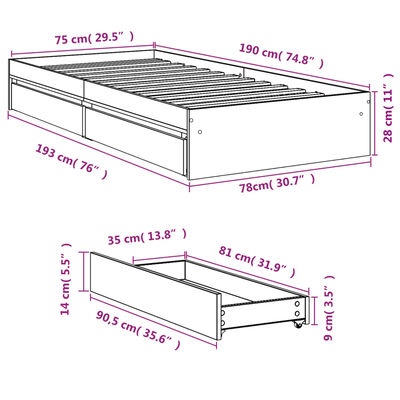 vidaXL Bettgestell mit Schubladen Sonoma-Eiche 75x190 cm Holzwerkstoff