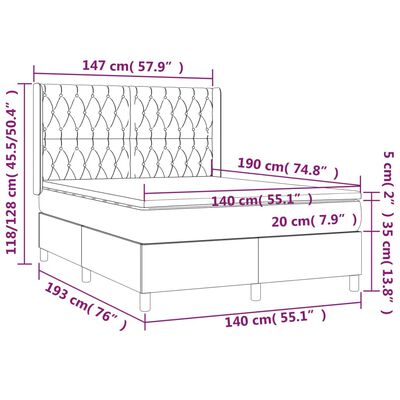 vidaXL Boxspringbett mit Matratze & LED Hellgrau 140x190 cm Stoff