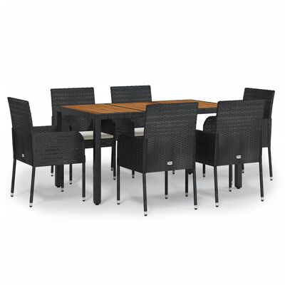 vidaXL 7-tlg. Garten-Essgruppe mit Kissen Schwarz Poly Rattan