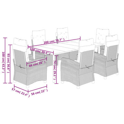 vidaXL 7-tlg. Garten-Essgruppe mit Kissen Grau Poly Rattan