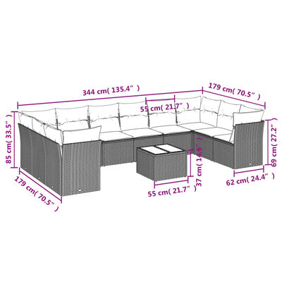 vidaXL 11-tlg. Garten-Sofagarnitur mit Kissen Schwarz Poly Rattan