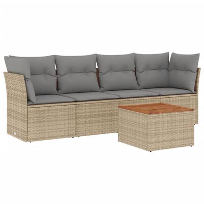 vidaXL 5-tlg. Garten-Sofagarnitur mit Kissen Beige Poly Rattan