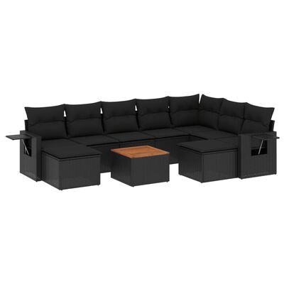 vidaXL 10-tlg. Garten-Sofagarnitur mit Kissen Schwarz Poly Rattan