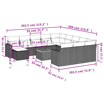 vidaXL 13-tlg. Garten-Sofagarnitur mit Kissen Schwarz Poly Rattan