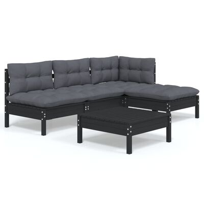 vidaXL 5-tlg. Garten-Lounge-Set mit Kissen Schwarz Kiefernholz