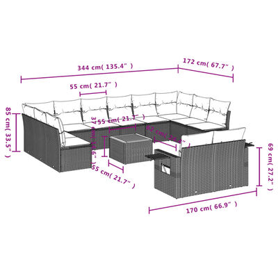 vidaXL 13-tlg. Garten-Sofagarnitur mit Kissen Beige Poly Rattan