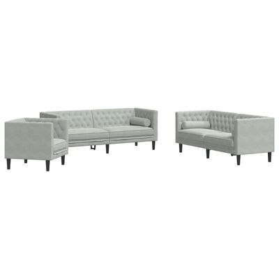 vidaXL 3-tlg. Chesterfield-Sofa-Set mit Nackenrollen Hellgrau Samt