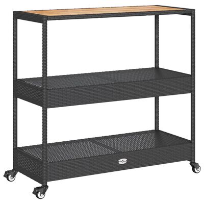 vidaXL Barwagen 3 Böden Schwarz Poly Rattan und Massivholz Akazie