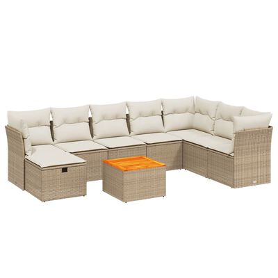 vidaXL 9-tlg. Garten-Sofagarnitur mit Kissen Beige Poly Rattan