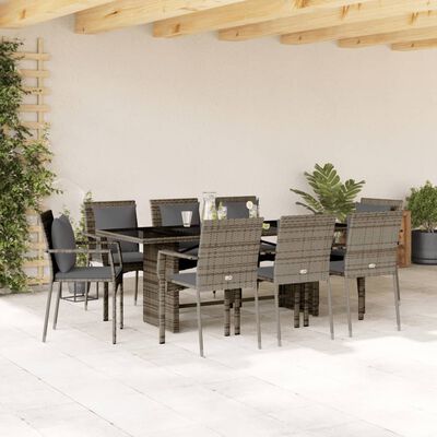 vidaXL 9-tlg. Garten-Essgruppe mit Kissen Grau Poly Rattan