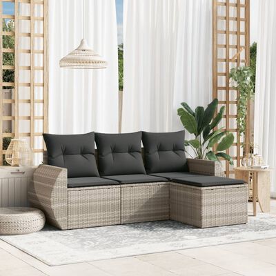 vidaXL 4-tlg. Garten-Sofagarnitur mit Kissen Hellgrau Poly Rattan