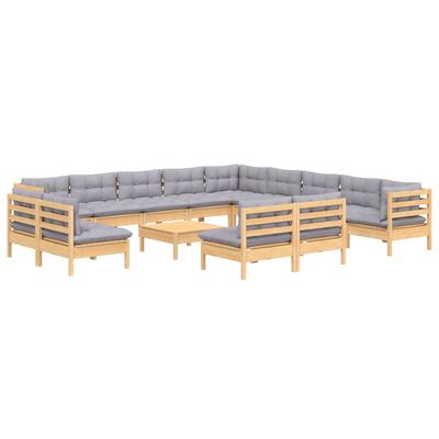 vidaXL 14-tlg. Garten-Lounge-Set mit Grauen Kissen Massivholz Kiefer