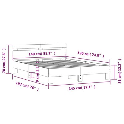 vidaXL Bettgestell mit Kopfteil Betongrau 140x190 cm Holzwerkstoff