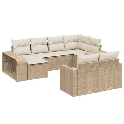 vidaXL 10-tlg. Garten-Sofagarnitur mit Kissen Beige Poly Rattan