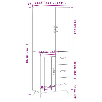 vidaXL Highboard Weiß 69,5x34x180 cm Holzwerkstoff