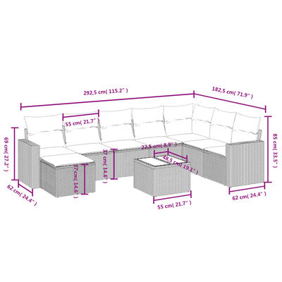 vidaXL 9-tlg. Garten-Sofagarnitur mit Kissen Schwarz Poly Rattan