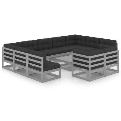 vidaXL 12-tlg. Garten-Lounge-Set mit Kissen Grau Massivholz Kiefer