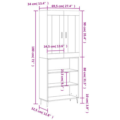 vidaXL Highboard Weiß 69,5x34x180 cm Holzwerkstoff