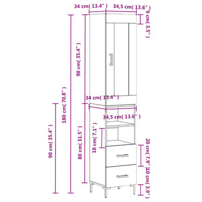 vidaXL Highboard Weiß 34,5x34x180 cm Holzwerkstoff