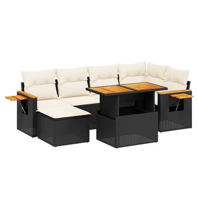 vidaXL 7-tlg. Garten-Sofagarnitur mit Kissen Schwarz Poly Rattan