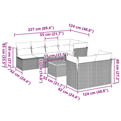 vidaXL 8-tlg. Garten-Sofagarnitur mit Kissen Grau Poly Rattan