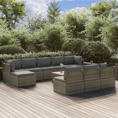 vidaXL 11-tlg. Garten-Lounge-Set mit Kissen Grau Poly Rattan