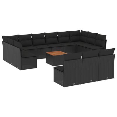 vidaXL 14-tlg. Garten-Sofagarnitur mit Kissen Schwarz Poly Rattan