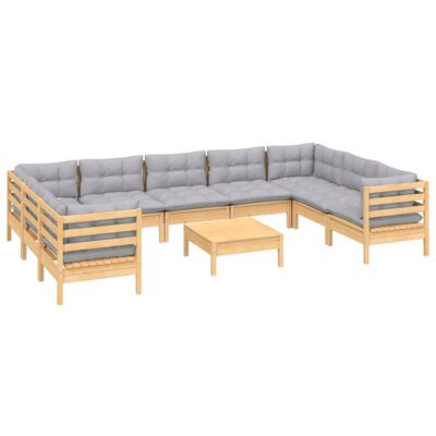 vidaXL 10-tlg. Garten-Lounge-Set mit Grauen Kissen Kiefernholz