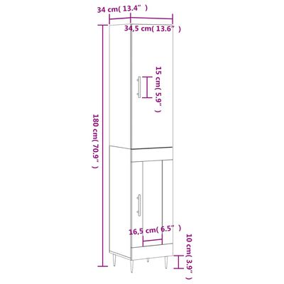 vidaXL Highboard Hochglanz-Weiß 34,5x34x180 cm Holzwerkstoff